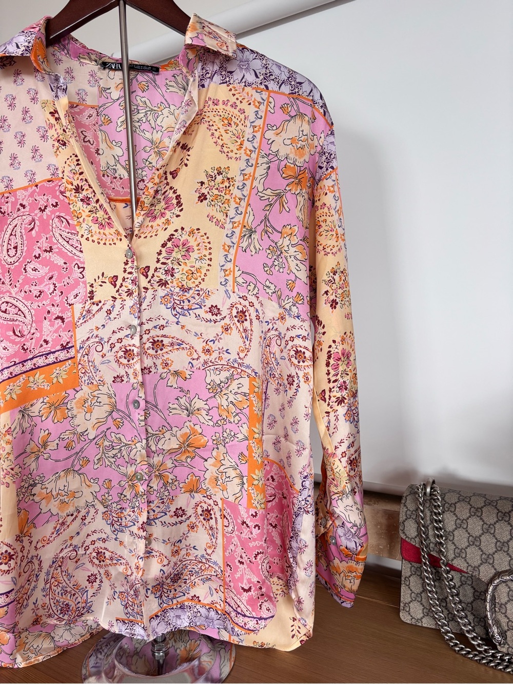 Zara S Patchwork Paisley Button Up Shirt in Pink and Cream Silk Feels Blouse - Picture 7 of 16